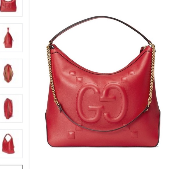 GUCCI RED LEATHER EMBOSSED APOLLO LOGO HOBO SHOULDER/TOTE BAG WITH GOLD CHAINNWT - Picture 2 of 8